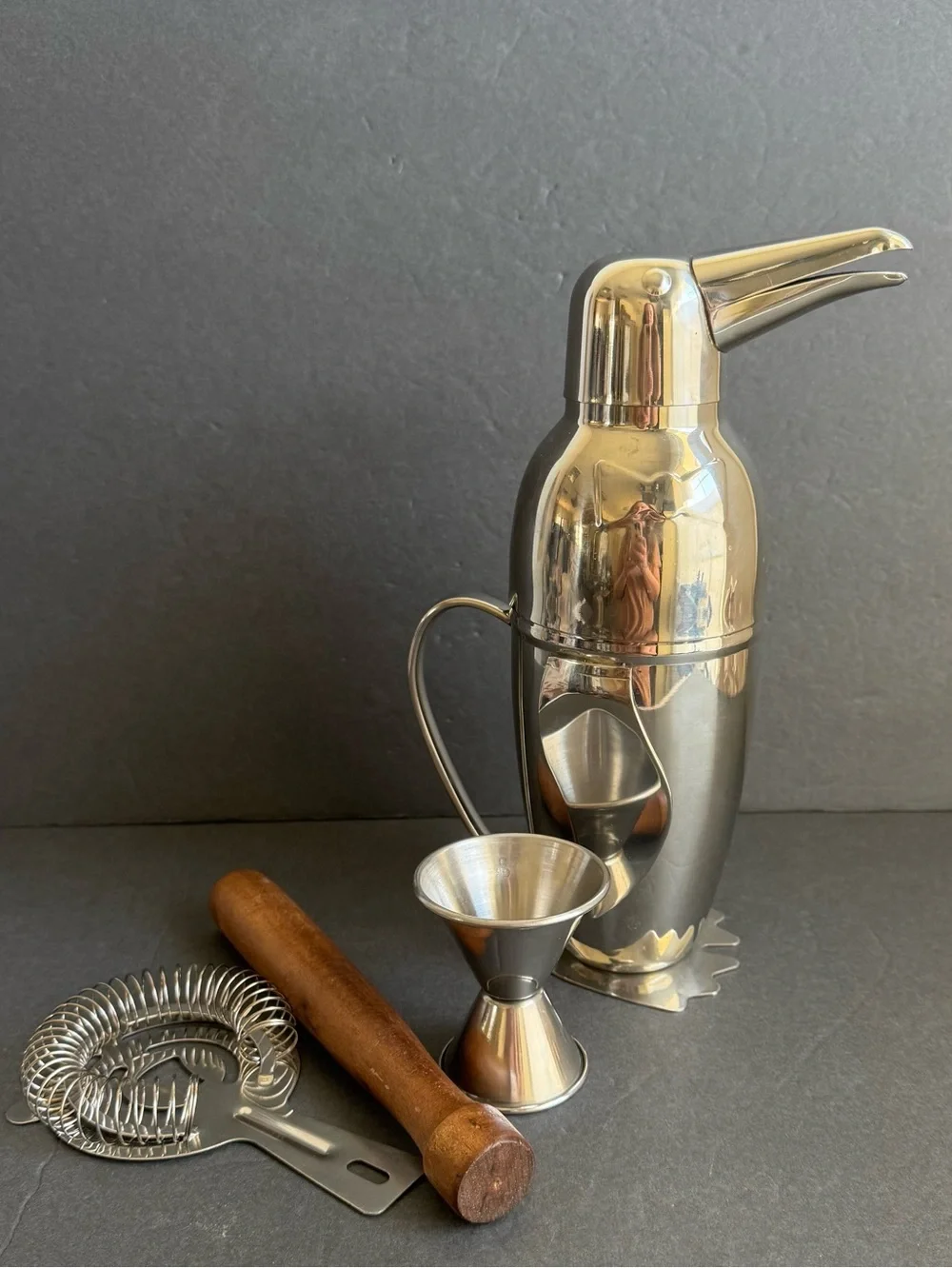 Penguin Cocktail Shaker & Bar Tools Set Silver Tone Vintage Art Deco Style Retro
